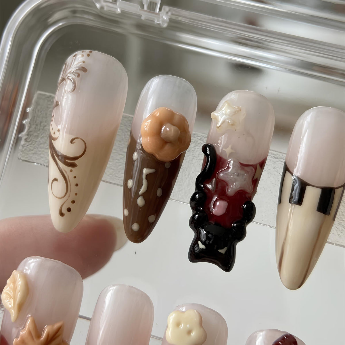 Cozy Autumn Cat Press-On Nails With 3D Bows, Leaves and Whimsical Details
