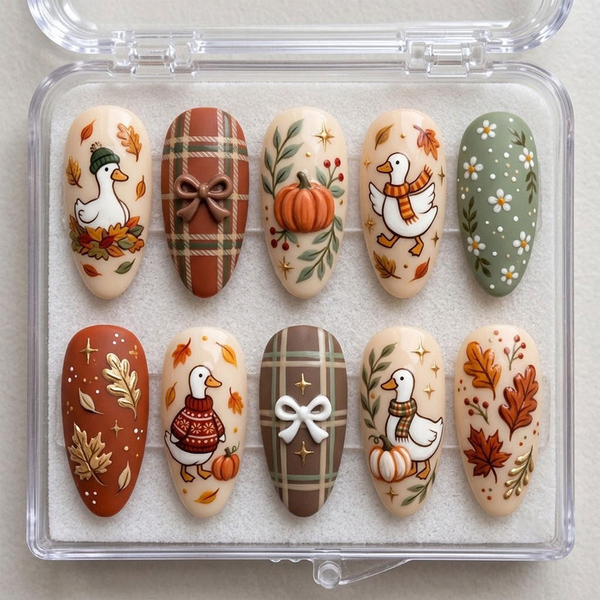 Cozy Autumn Duck Press-On Nails With Tartan Plaid, Pumpkins, and 3D Bows