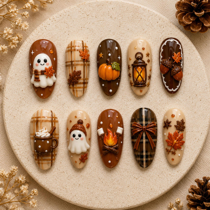 Cozy Autumn Ghost, Pumpkin, Plaid and Thanksgiving Press On Nail Set