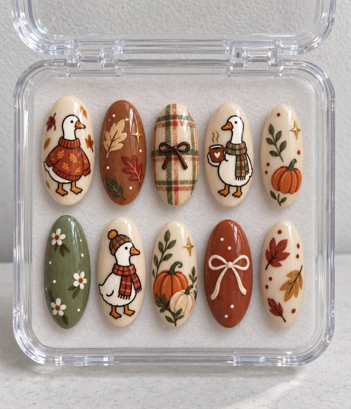 Cozy Autumn Goose Press-On Nails With Pumpkins, Plaid, Leaves & Bows