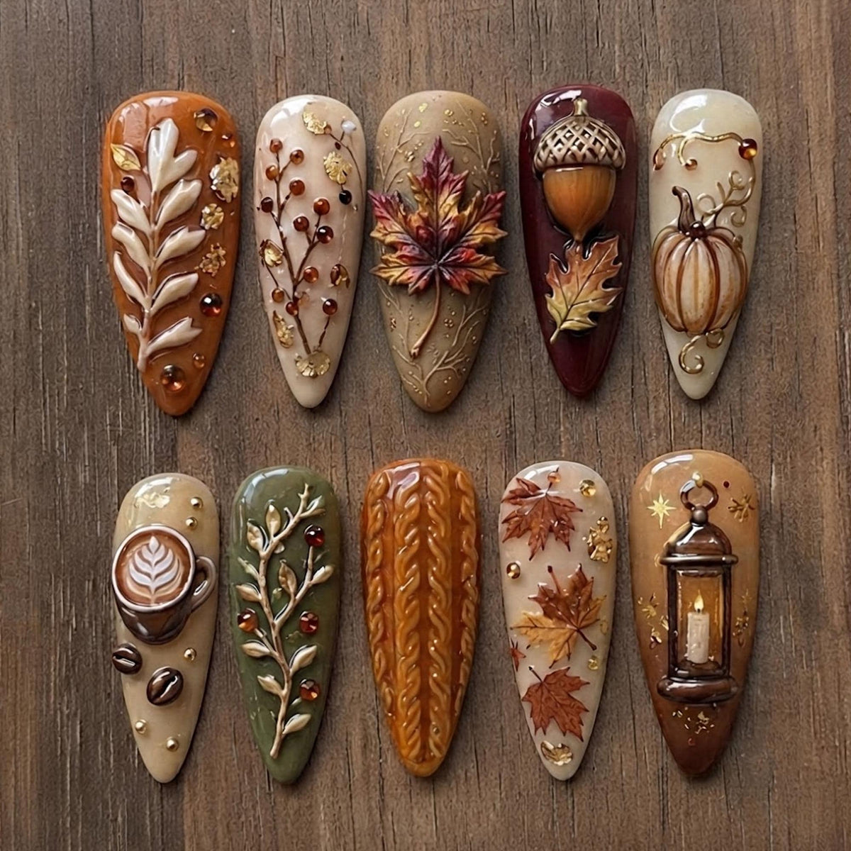 Cozy Autumn Nail Set With 3D Maple Leaves, Acorn, Pumpkin and Sweater Knit