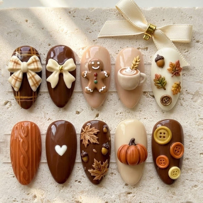 Cozy Autumn Press On Nails With Gingerbread, Pumpkin, Coffee, Bows and Plaid