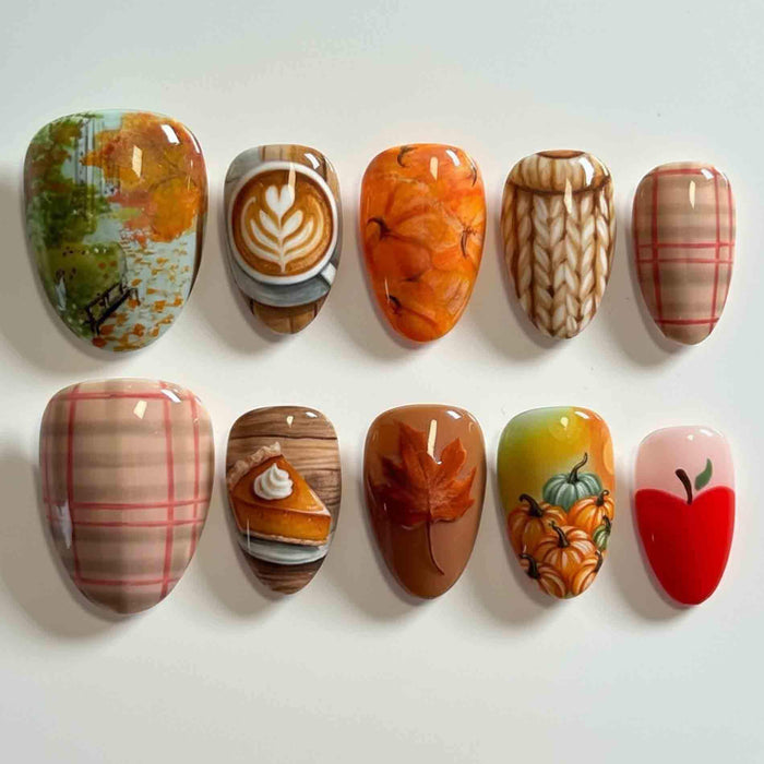 Cozy Autumn Press On Nails With Pumpkins, Coffee, Plaid, Pie and Maple Leaves