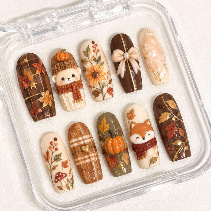 Cozy Autumn Pumpkin, Fox and Teddy Bear Press On Nail Set with Plaid and Sweater Textures