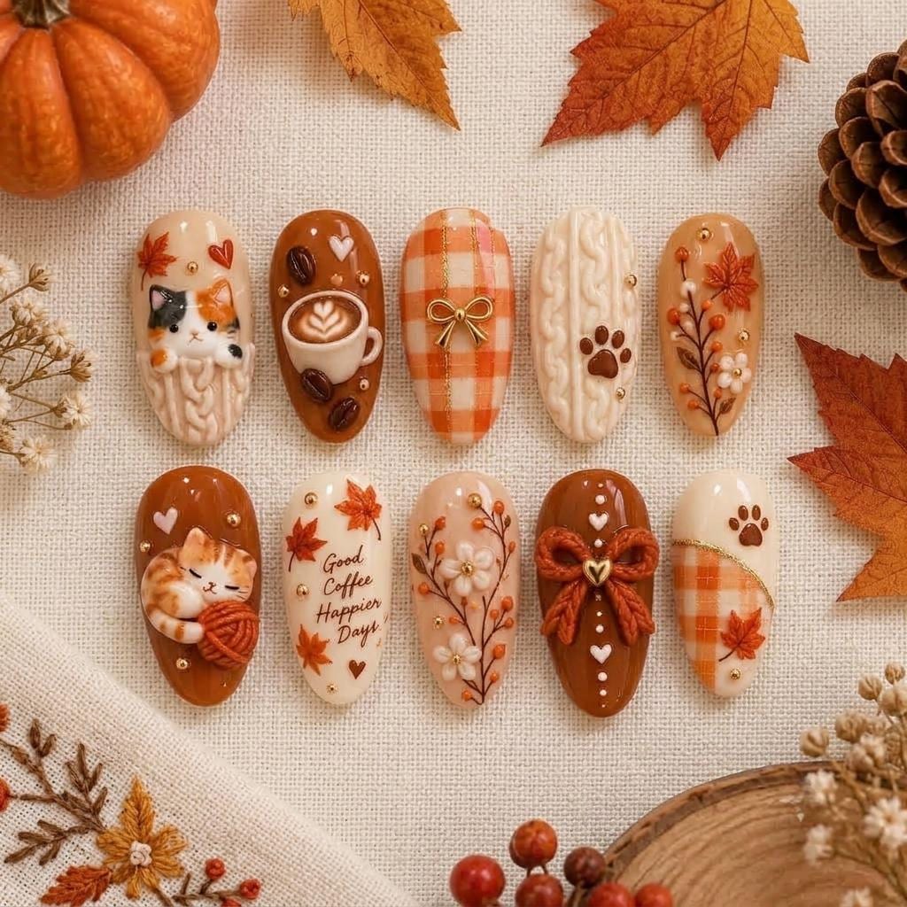 Cozy Cat and Coffee Autumn Press On Nails With Plaid and Knit Details