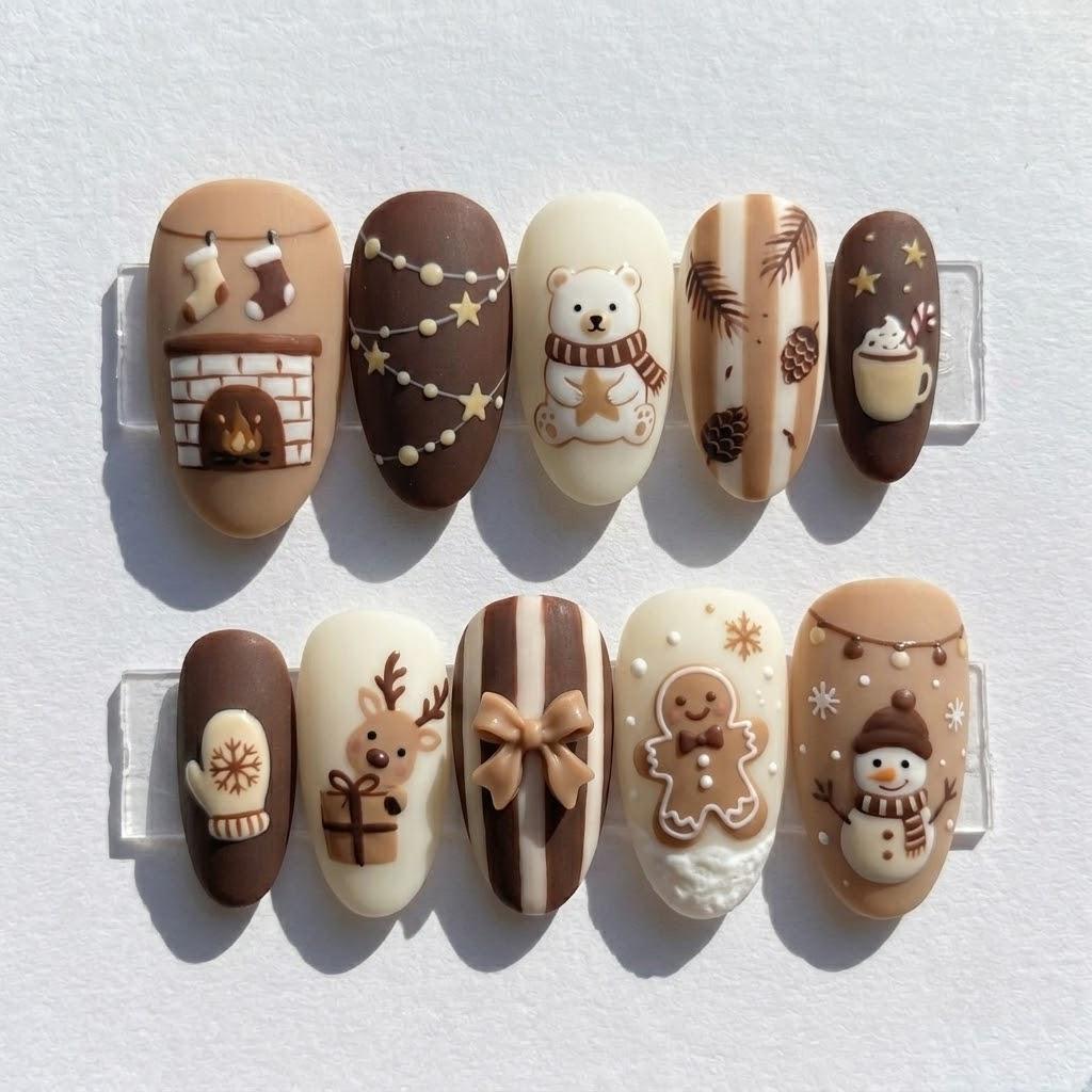 Cozy Christmas Nails with Brown and Ivory Winter Designs