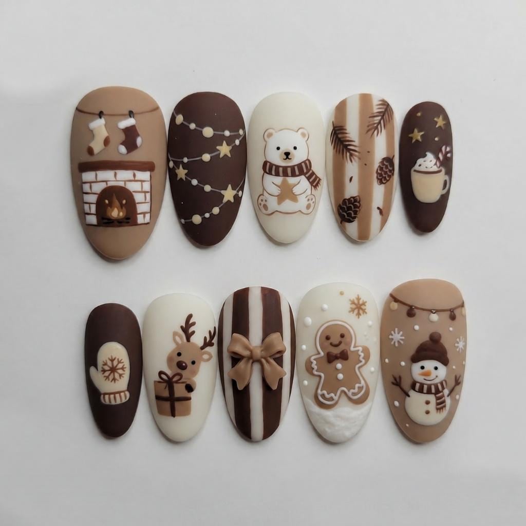 Cozy Christmas Nails with Brown and Ivory Winter Designs