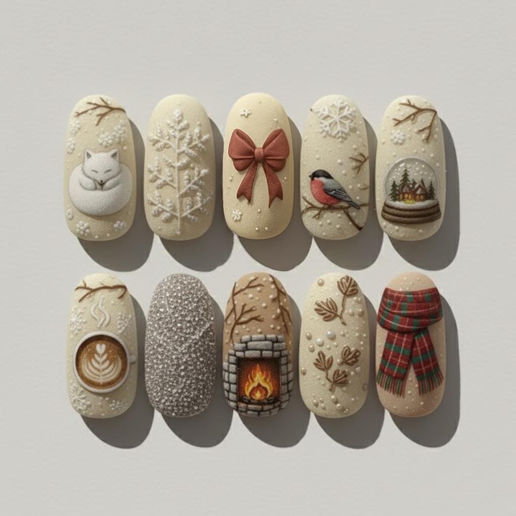 Cozy Christmas Nails With Snowflakes, Woodland Motifs, and 3D Details