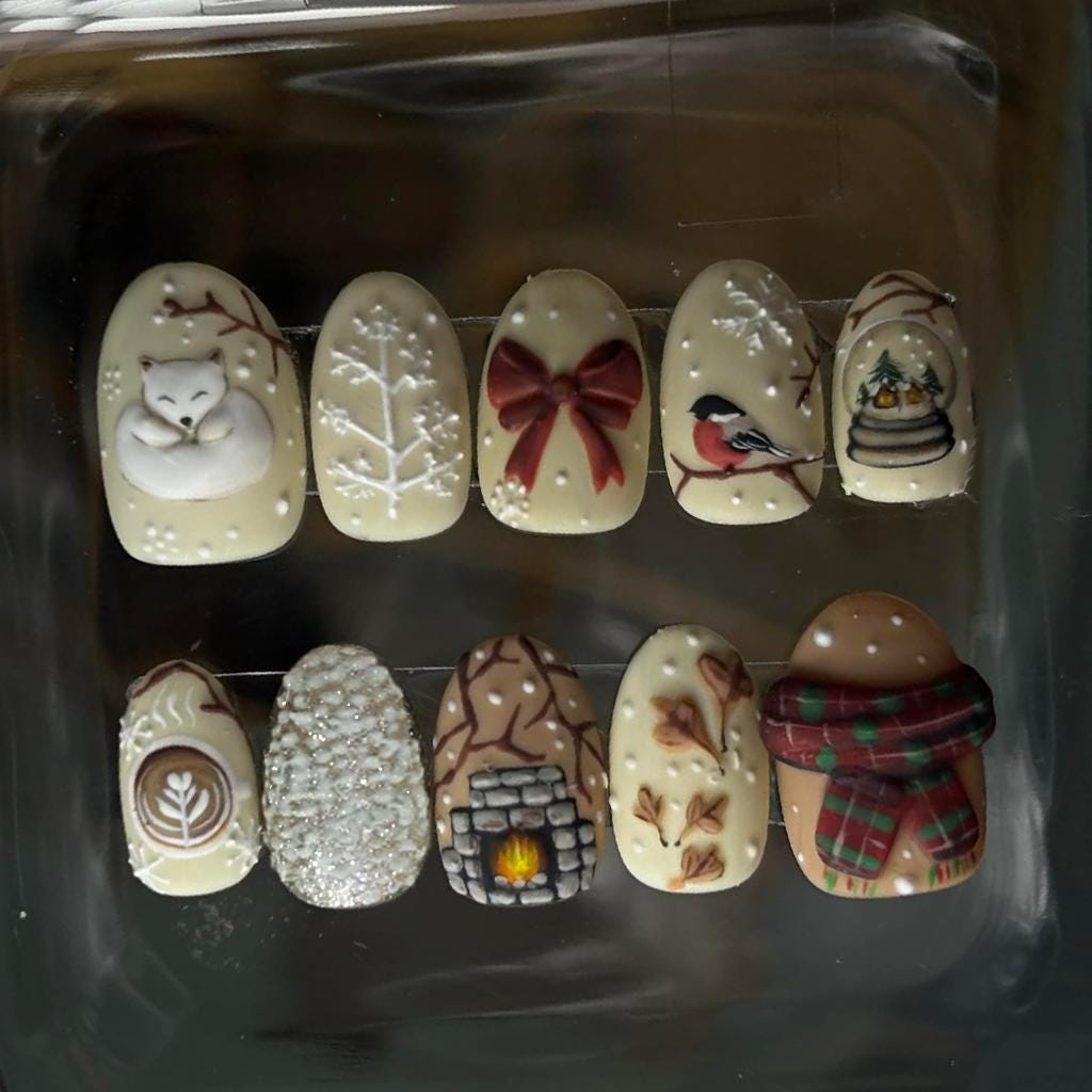 Cozy Christmas Nails With Snowflakes, Woodland Motifs, and 3D Details