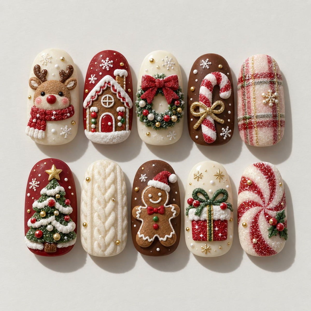 Cozy Christmas Press-On Nail Set With Gingerbread, Reindeer, Candy Cane and Plaid Designs