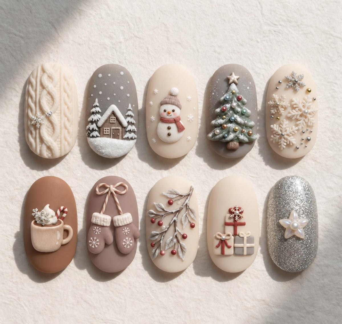 Cozy Christmas Winter Nail Set with 3D Snowman, Cabin, Knit Patterns and Snowflakes