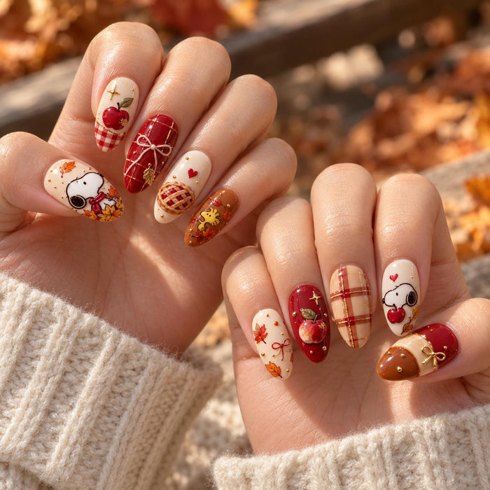 Cozy Fall Dog, Apple, Plaid and Autumn Leaf Press On Nail Set