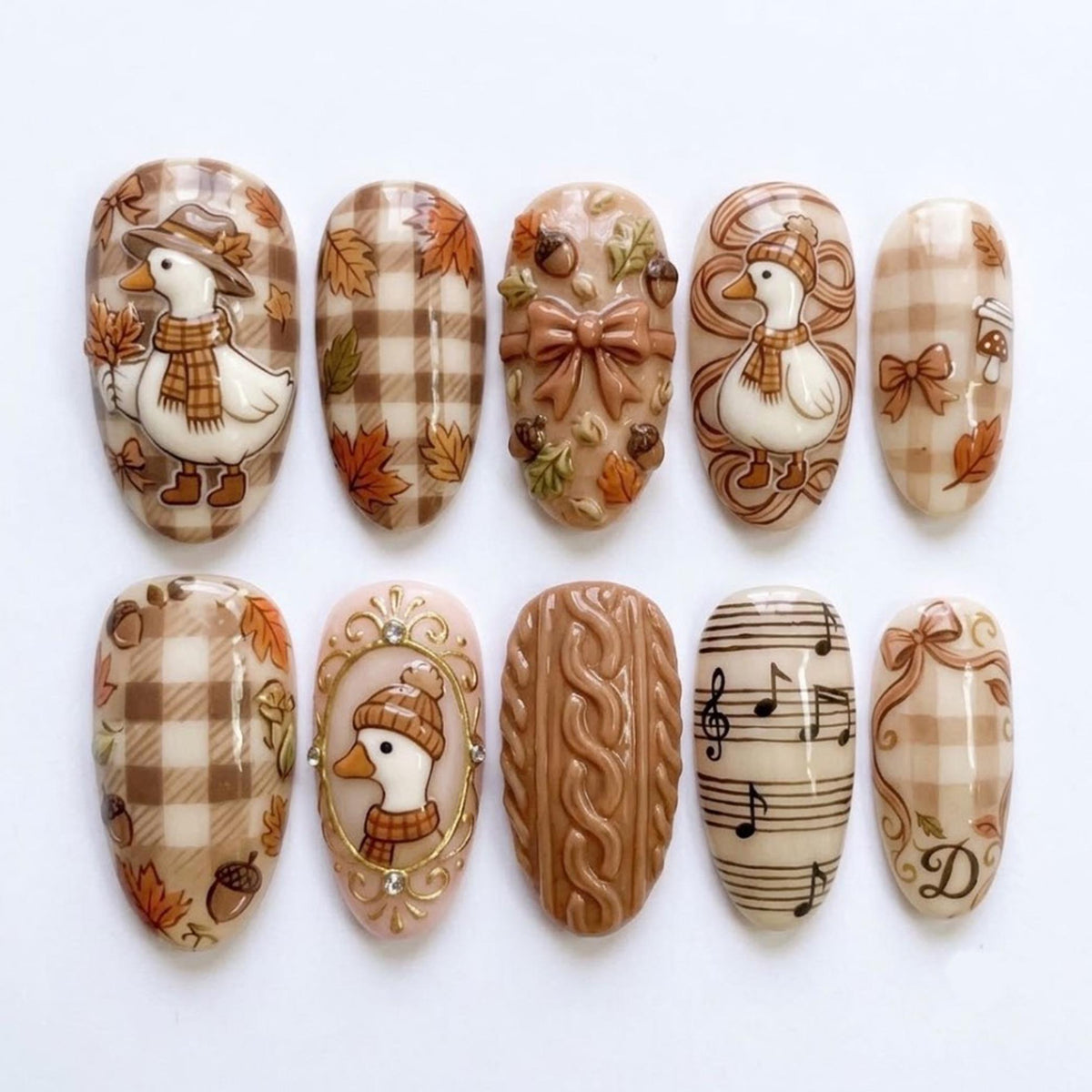 Cozy Fall Duck Press On Nails with Plaid, Cable Knit, Bows and Gold Details
