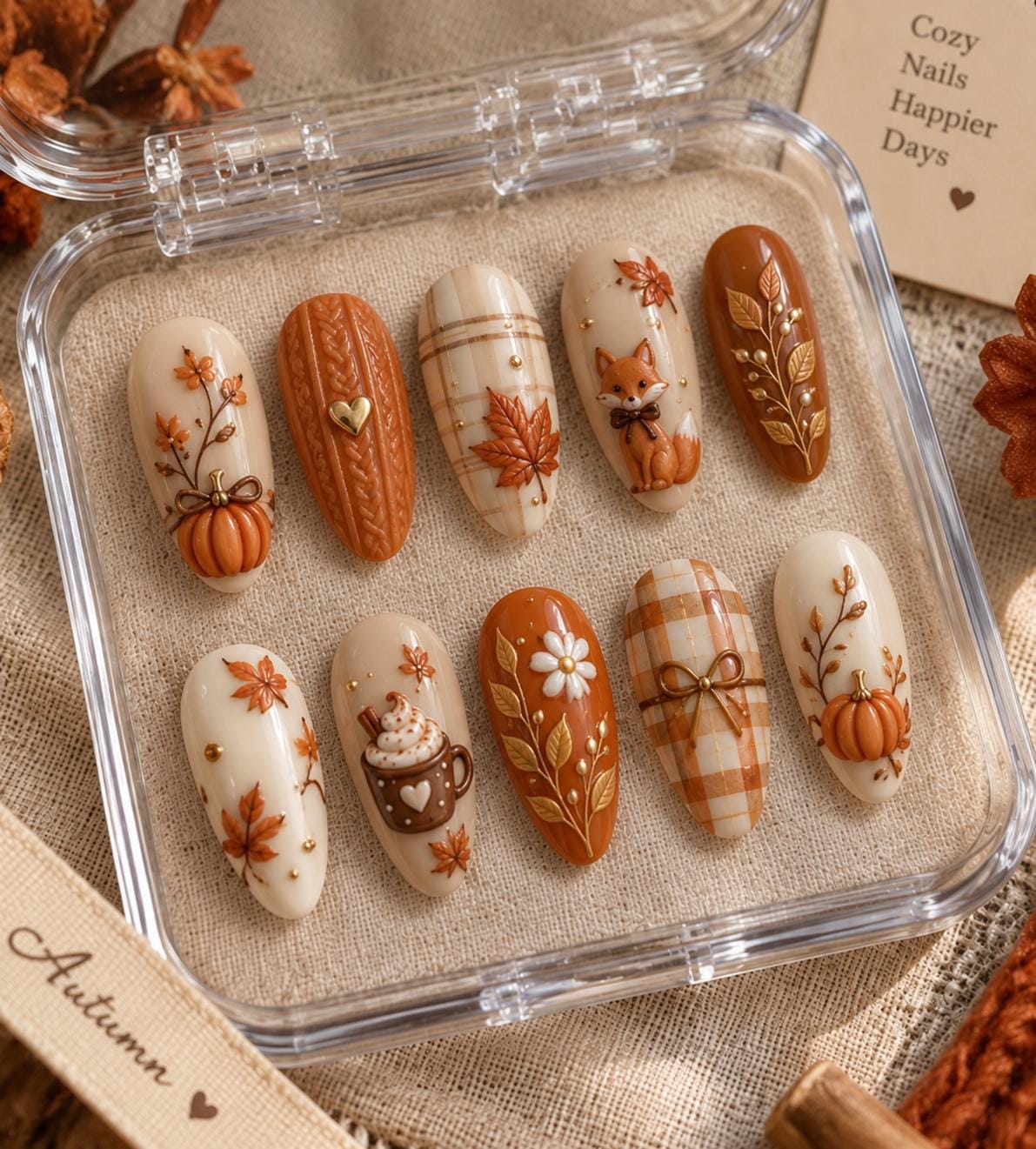 Cozy Fall Fox, Pumpkin, Plaid and Coffee Nail Set