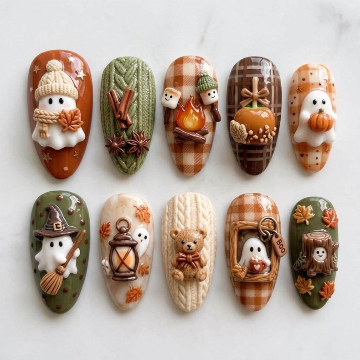 Cozy Fall Ghost Press-On Nail Set With Plaid, Cable Knit, Pumpkins & Campfire Details