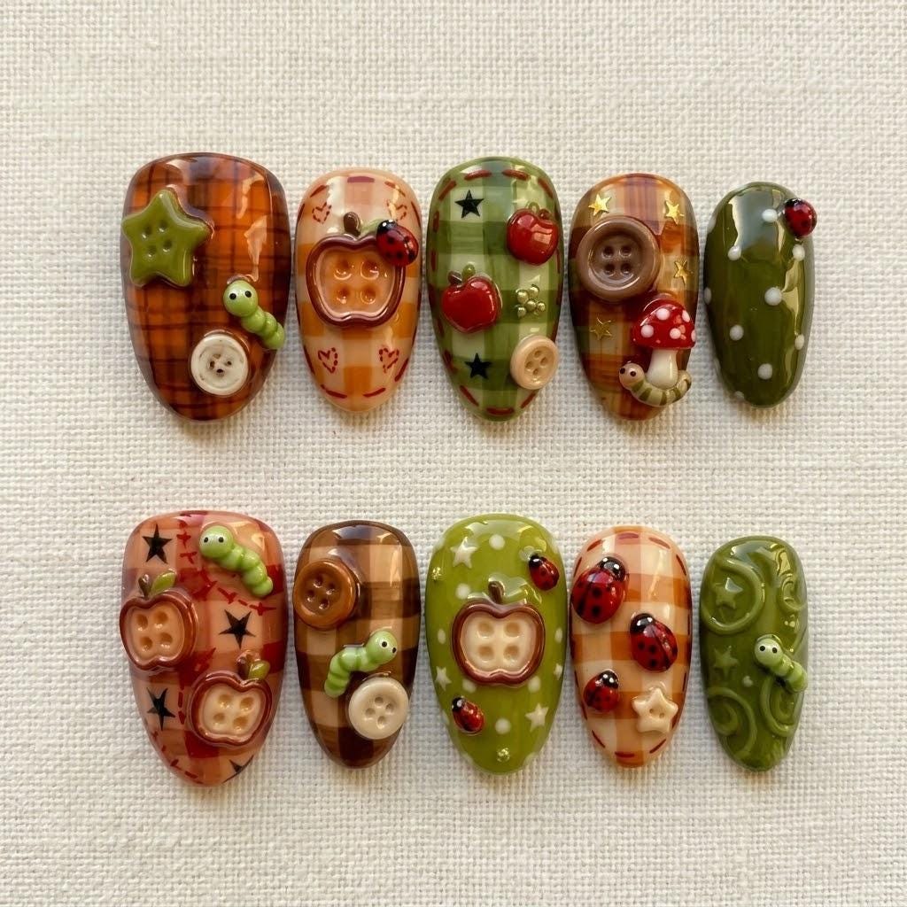 Cozy Fall Plaid Apple, Mushroom, and Ladybug Nail Set