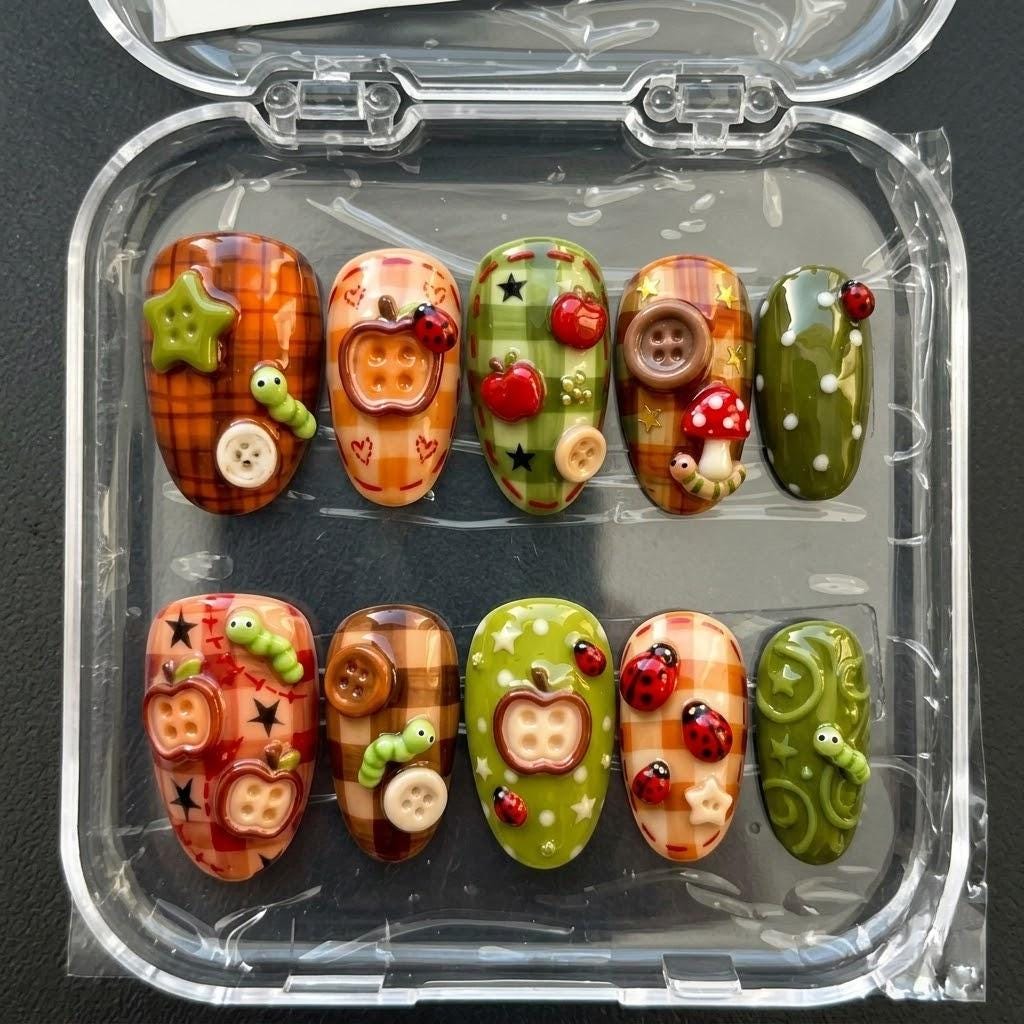 Cozy Fall Plaid Apple, Mushroom, and Ladybug Nail Set