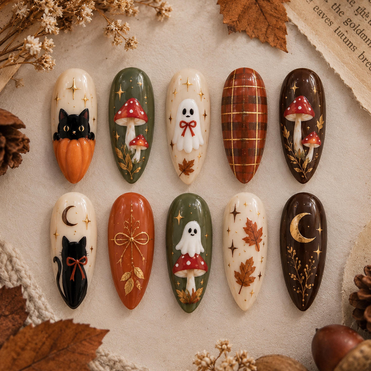 Cozy Halloween Cat, Ghost, Mushroom & Autumn Plaid Nail Set