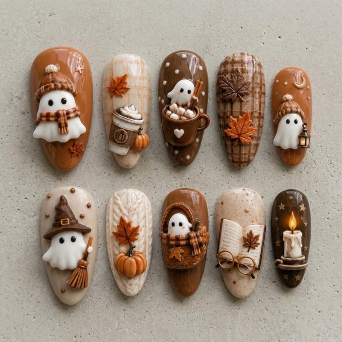 Cozy Halloween Ghost, Pumpkin & Autumn Plaid Press-On Nail Set