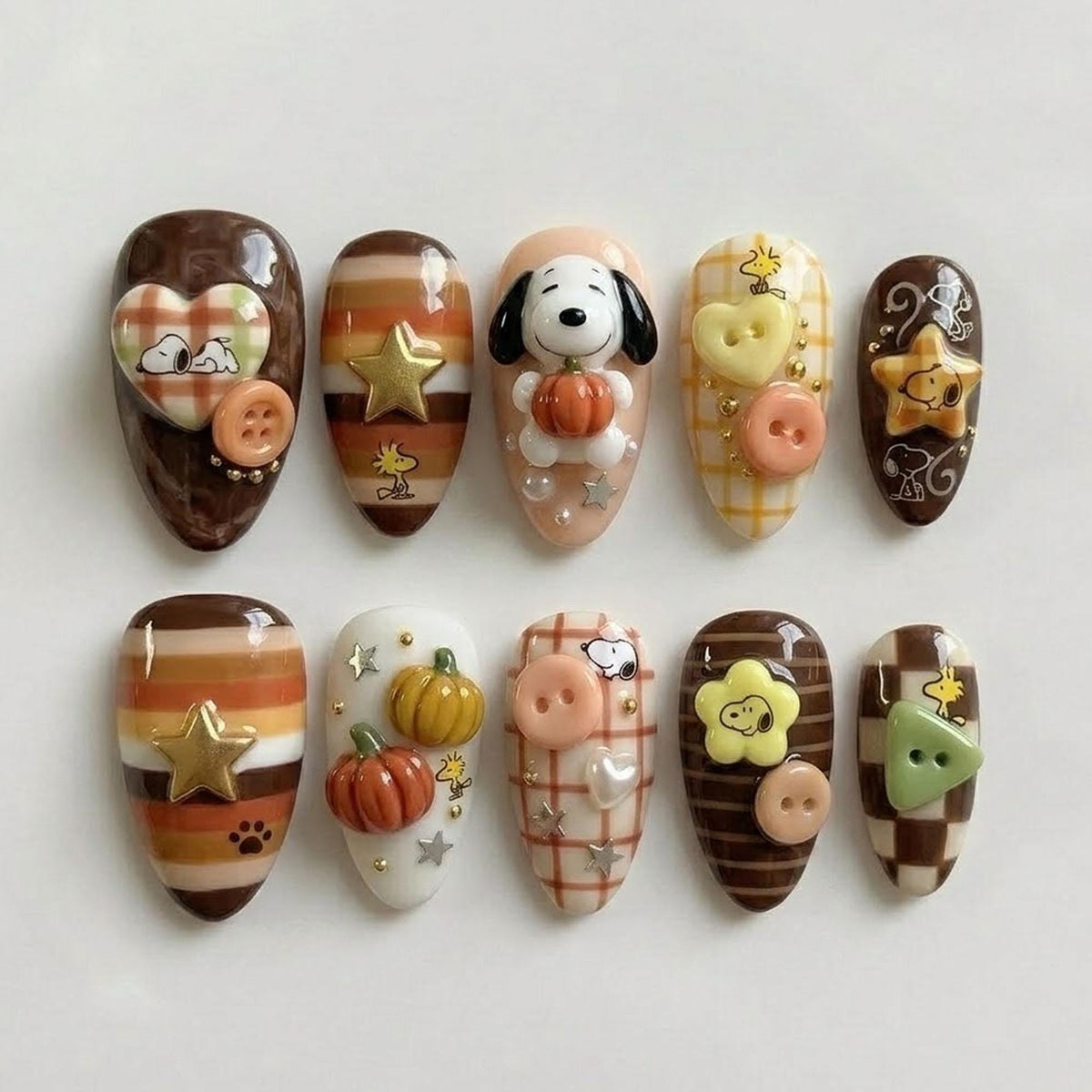 Cozy Harvest Dog and Pumpkin Nail Set in Caramel, Brown, and Plaid