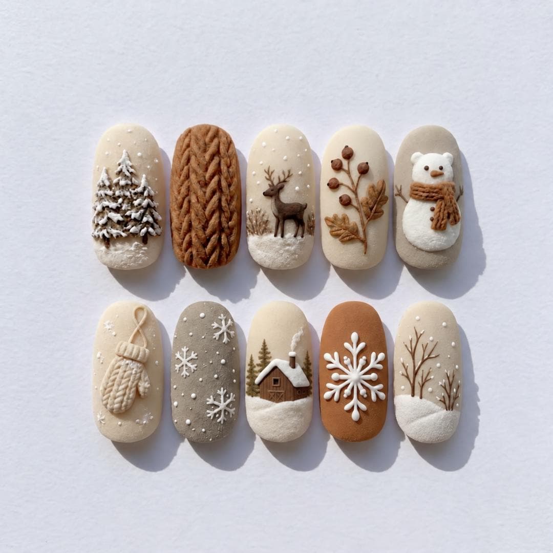 Cozy Winter Woodland Press-On Nails with Deer, Snowman and 3D Sweater Details
