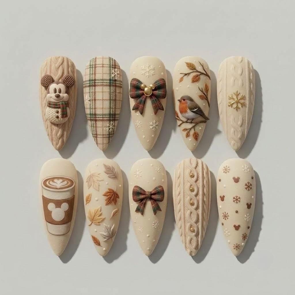 Cream and Beige Plaid Autumn Nail Set With Knit Texture, Bows and Woodland Details