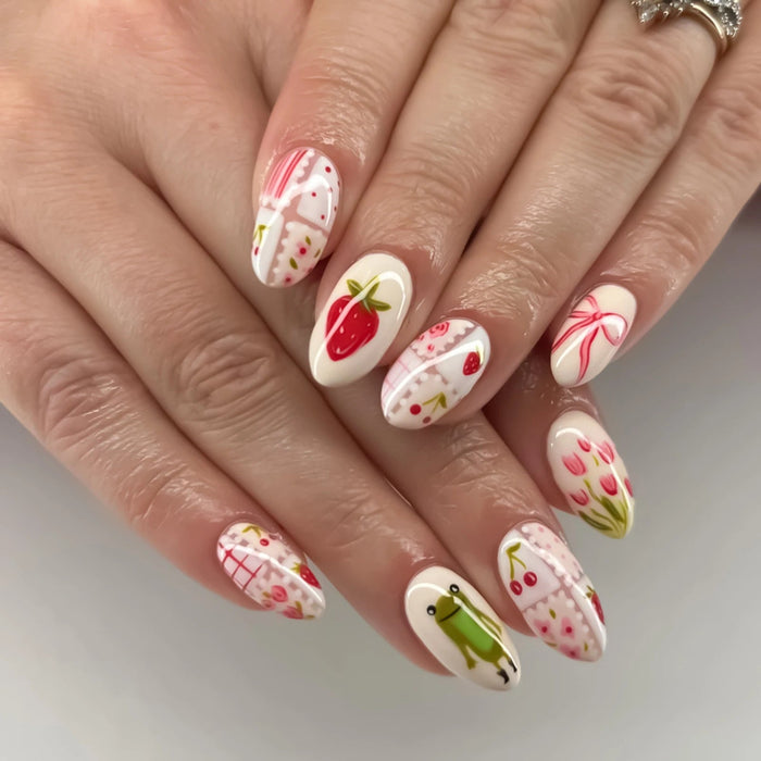 Cream and Pink Strawberry Press On Nail Set with Bows, Dots and Lattice
