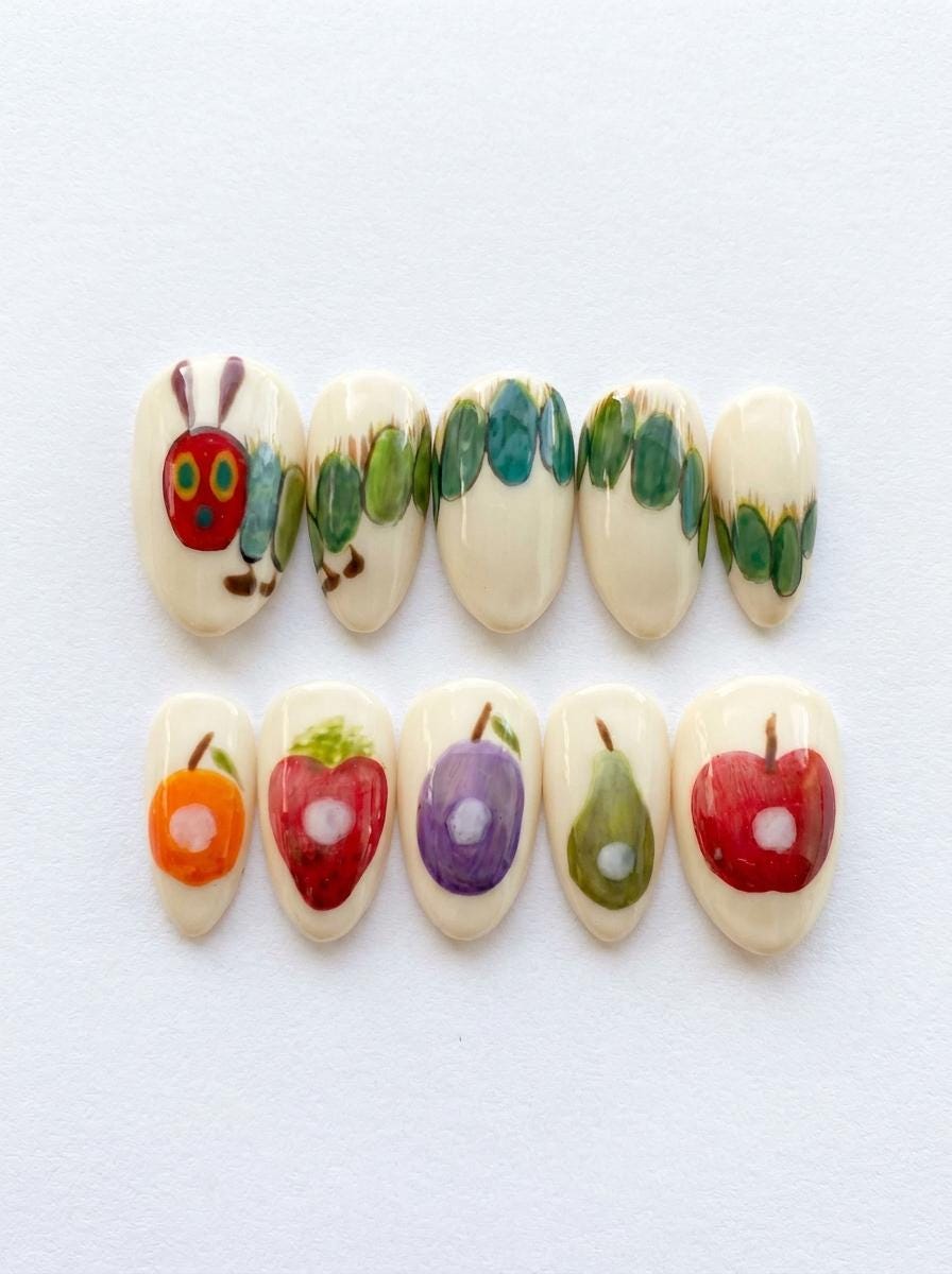 Cream Fruit Garden Press On Nails With Caterpillar Art