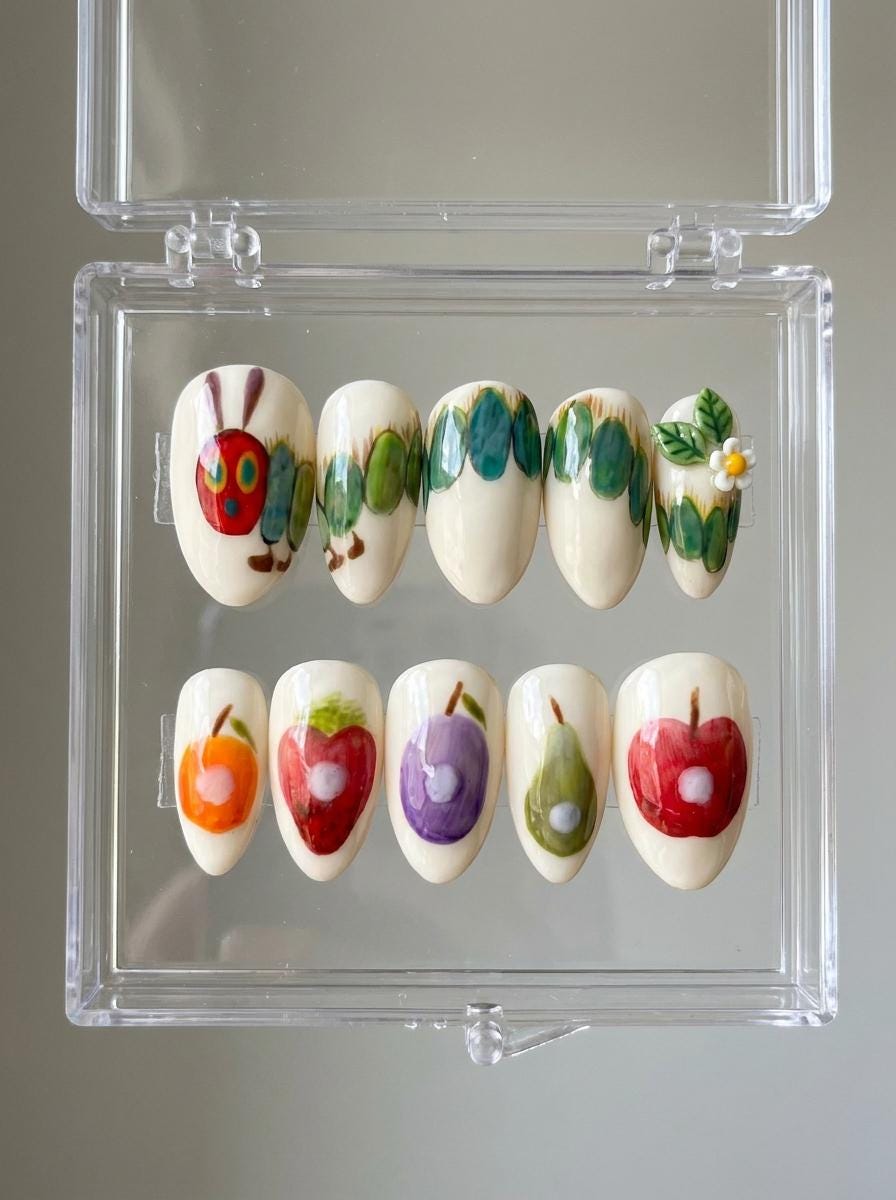 Cream Fruit Garden Press On Nails With Caterpillar Art