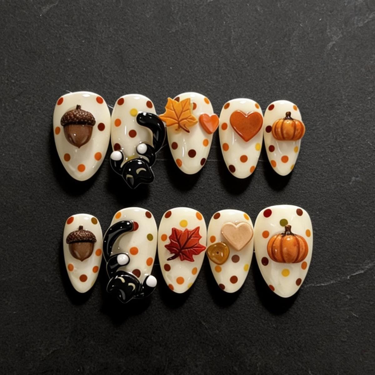 Cream Polka Dot Fall Nails With 3D Pumpkins, Acorns and Maple Leaves