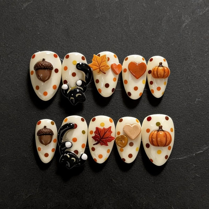 Cream Polka Dot Fall Press On Nails With 3D Pumpkins, Acorns and Maple Leaves