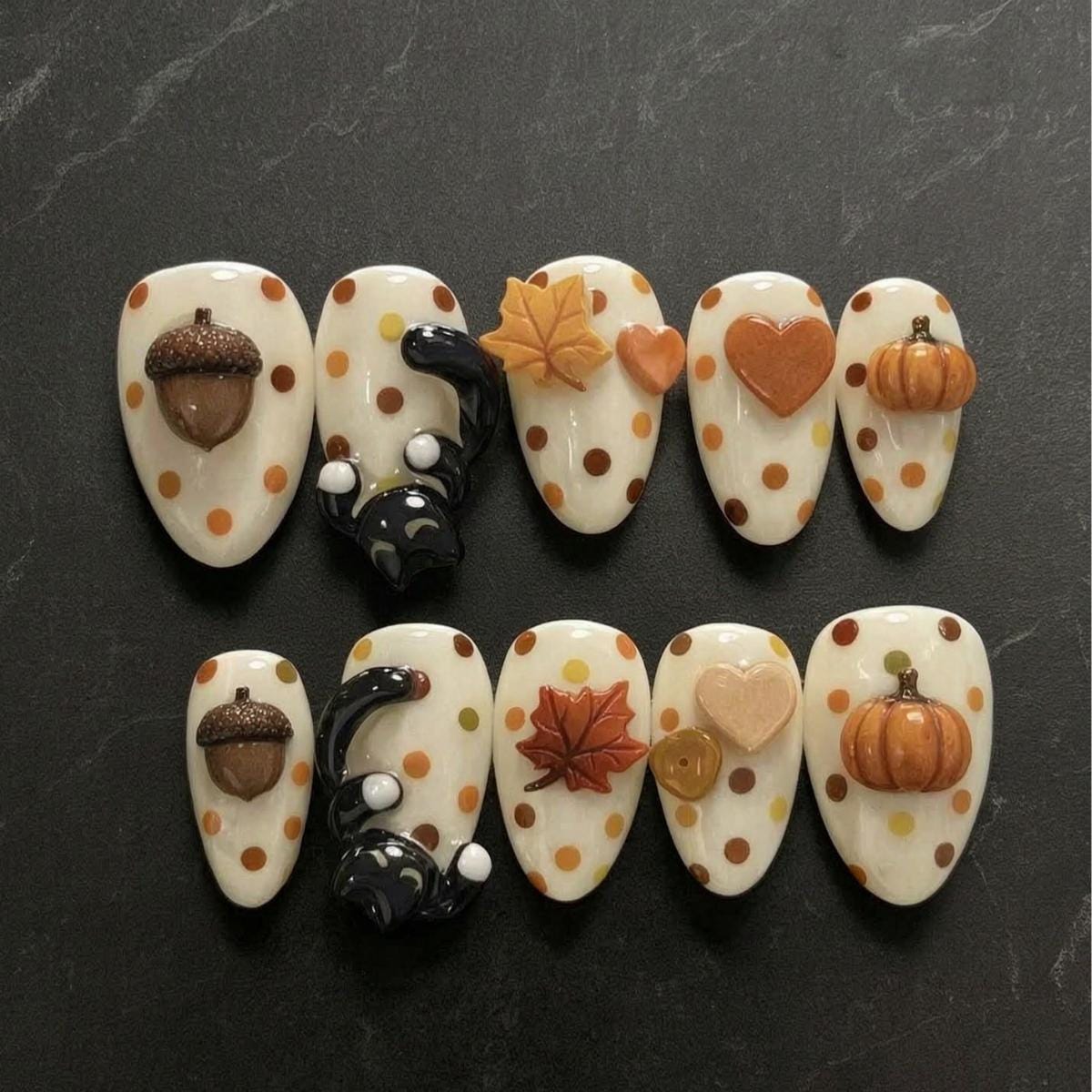 Cream Polka Dot Fall Nails With 3D Pumpkins, Acorns and Maple Leaves