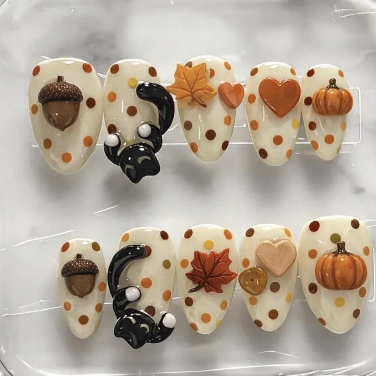 Cream Polka Dot Fall Nails With 3D Pumpkins, Acorns and Maple Leaves