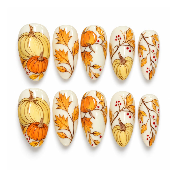Cream Pumpkin and Autumn Leaf Thanksgiving Press On Nails