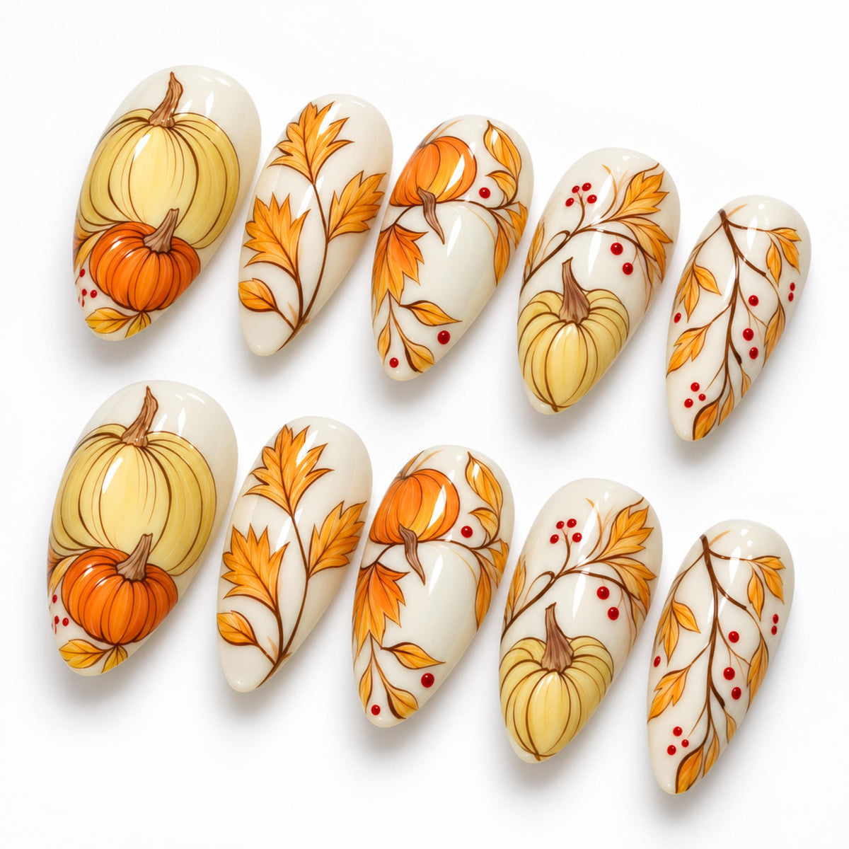 Cream Pumpkin and Autumn Leaf Thanksgiving Press On Nails