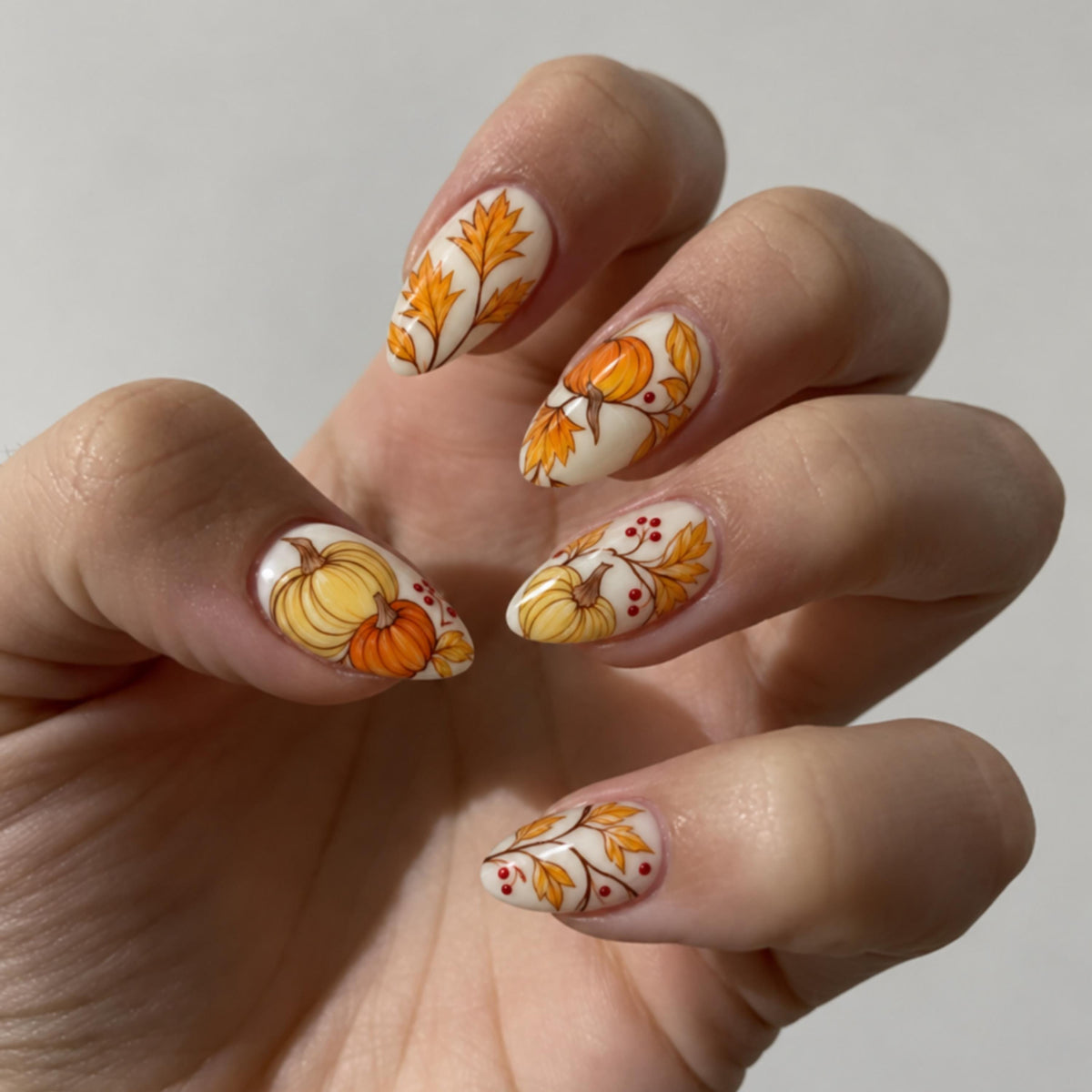 Cream Pumpkin and Autumn Leaf Thanksgiving Press On Nails