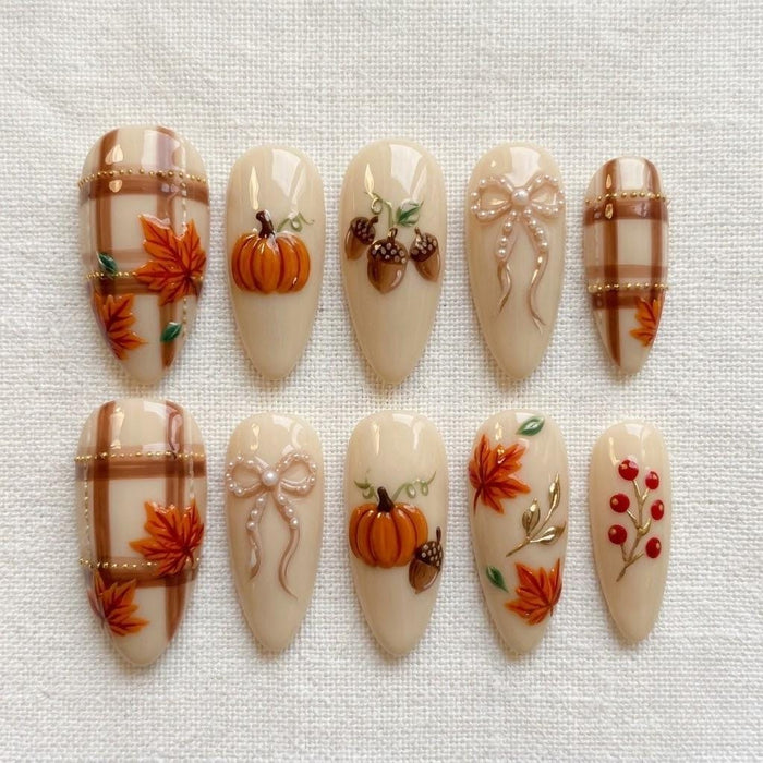 Cream Pumpkin and Pearl Bow Fall Harvest Press-On Nail Set