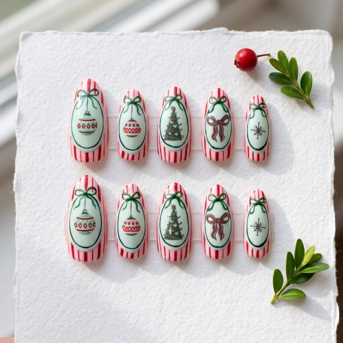 Creamy Pink and Red Stripe Christmas Nail Set with Mint Panels, Ornaments, Bows, Trees and Snowflakes