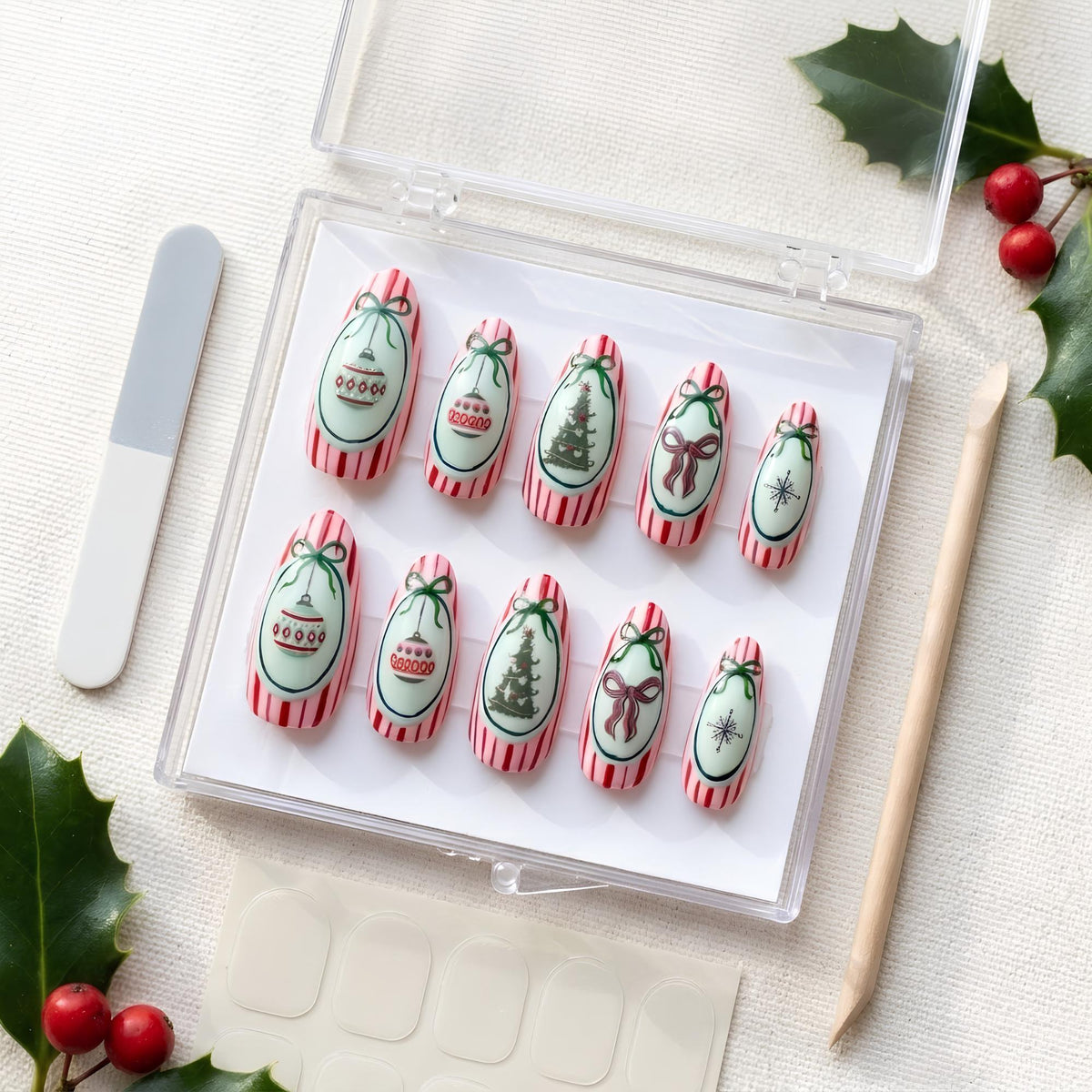 Creamy Pink and Red Stripe Christmas Nail Set with Mint Panels, Ornaments, Bows, Trees and Snowflakes