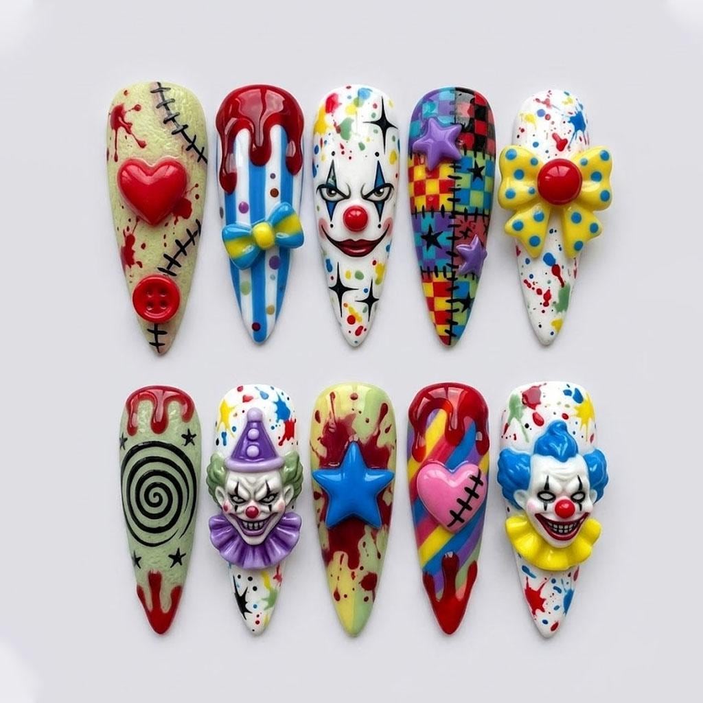 Creepy Clown Circus Press-On Nails With 3D Faces, Bows and Harlequin Checks