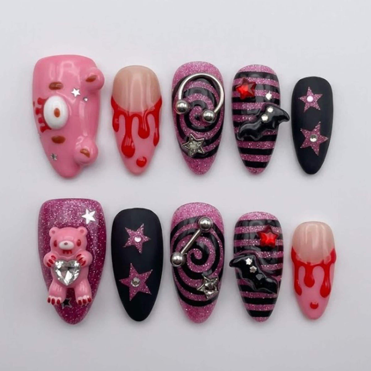 Creepy Cute Pink Bear Press On Nails with Blood Drips, Bats and Glitter
