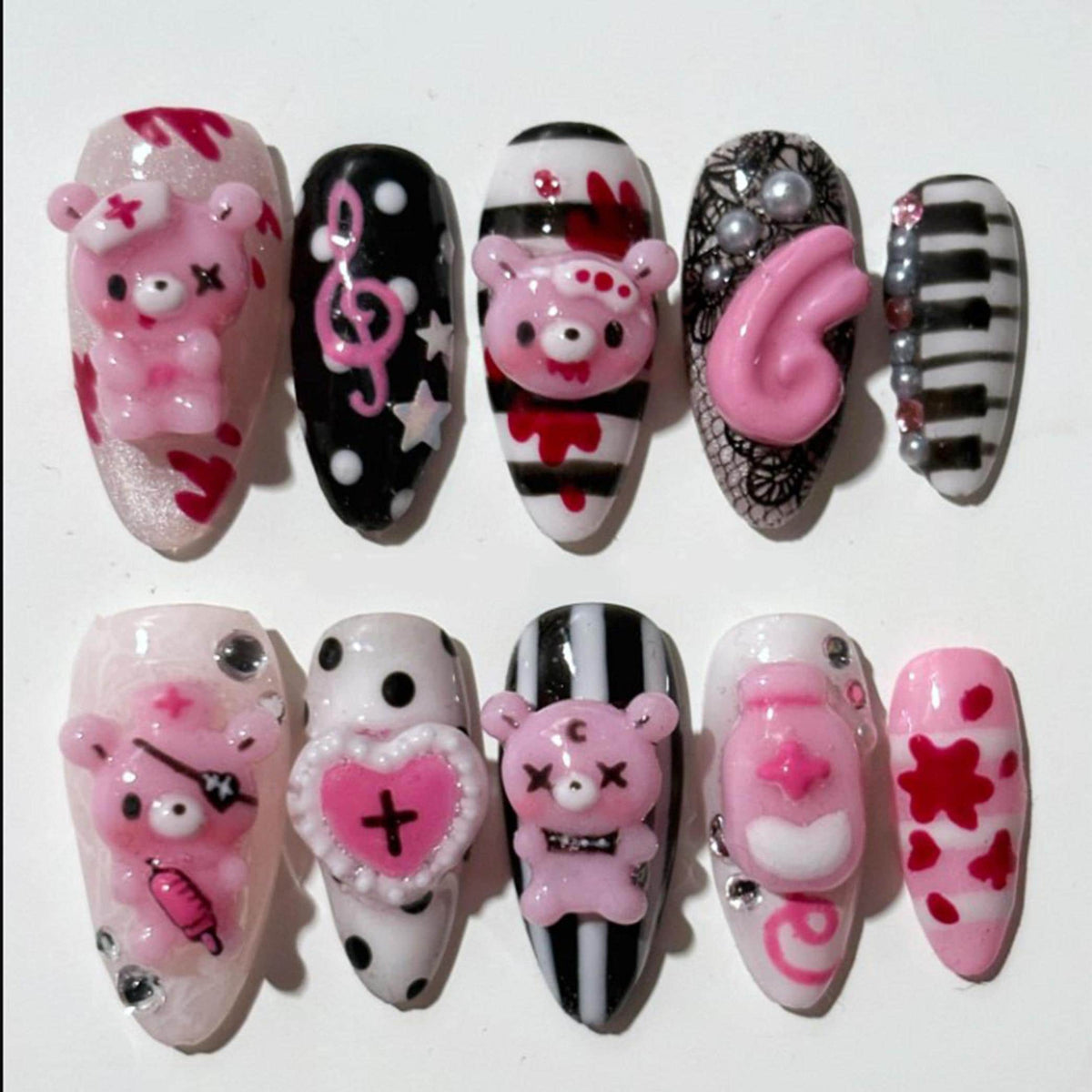 Creepy-Cute Pink Bear Press-On Nails with Red Splatter and 3D Accents