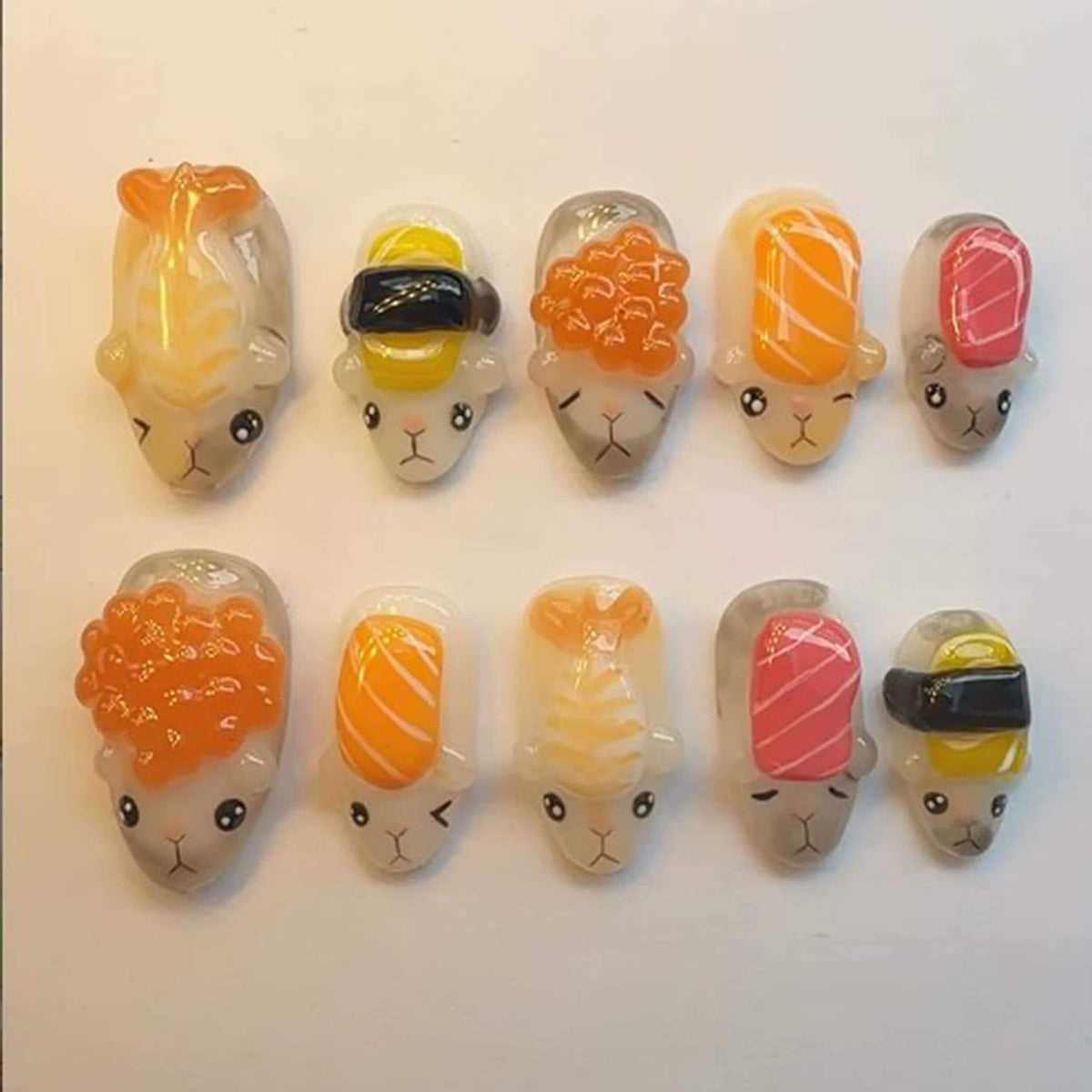 Cute 3D Sushi Animal Press-On Nails in Cream, Orange, Pink, and Yellow