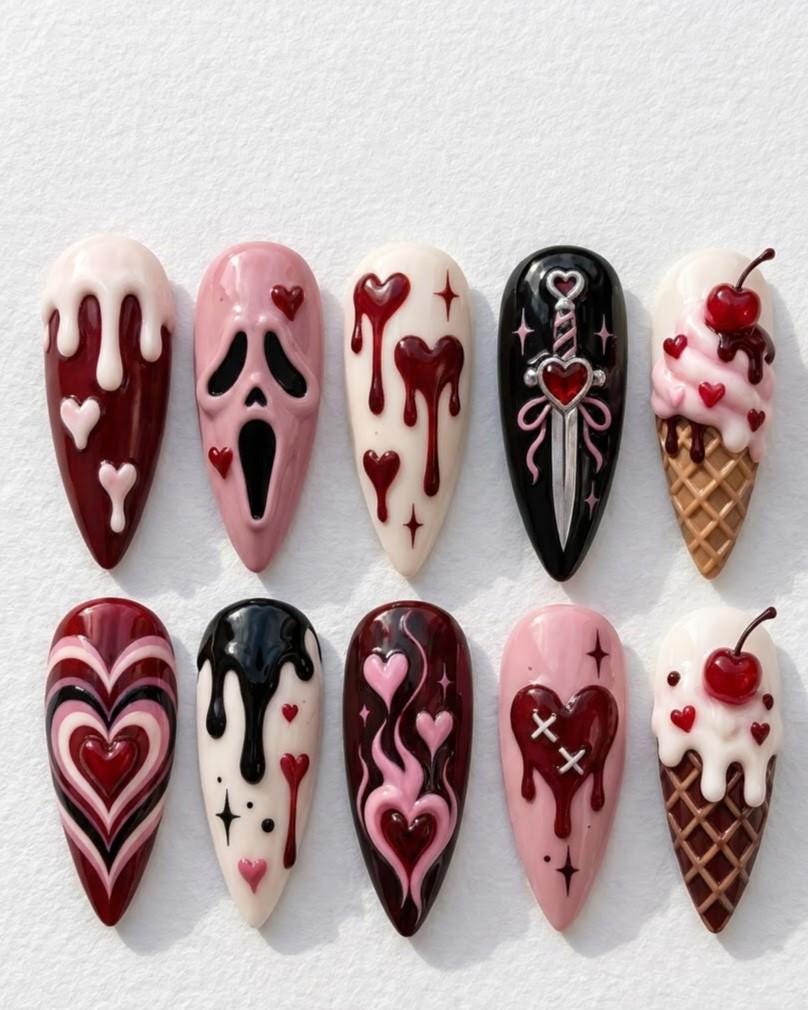 Cute Creepy Halloween Press-On Nails With Hearts, Skull and Dripping Details