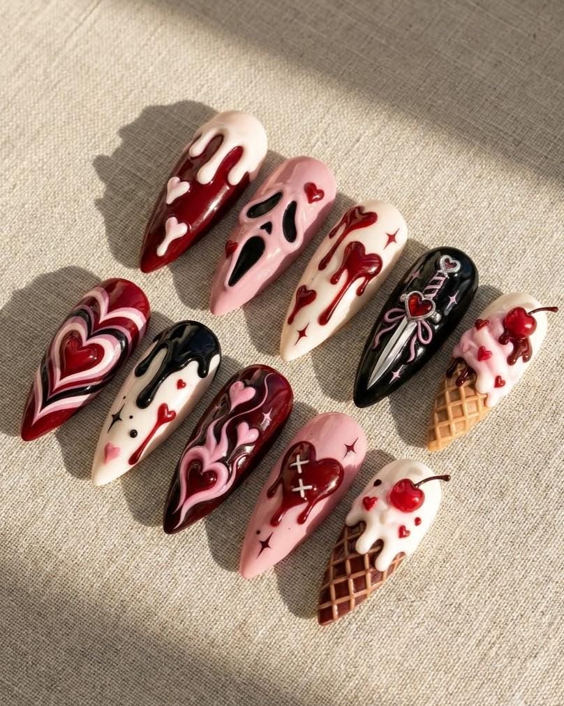 Cute Creepy Halloween Press-On Nails With Hearts, Skull and Dripping Details