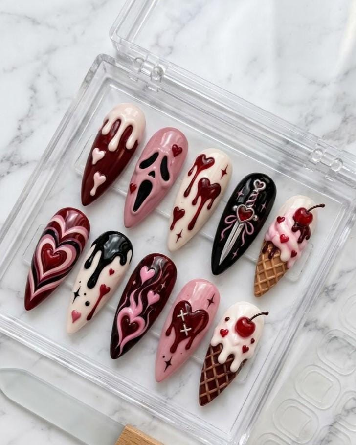 Cute Creepy Halloween Press-On Nails With Hearts, Skull and Dripping Details