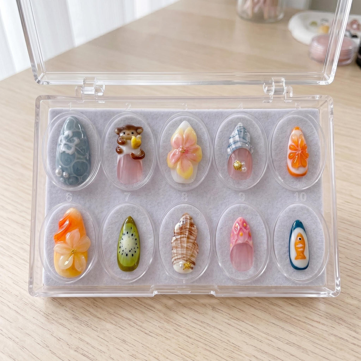 Cute Fruit and Animal Press-On Nails With 3D Monkey, Kiwi, Flowers and Plaid