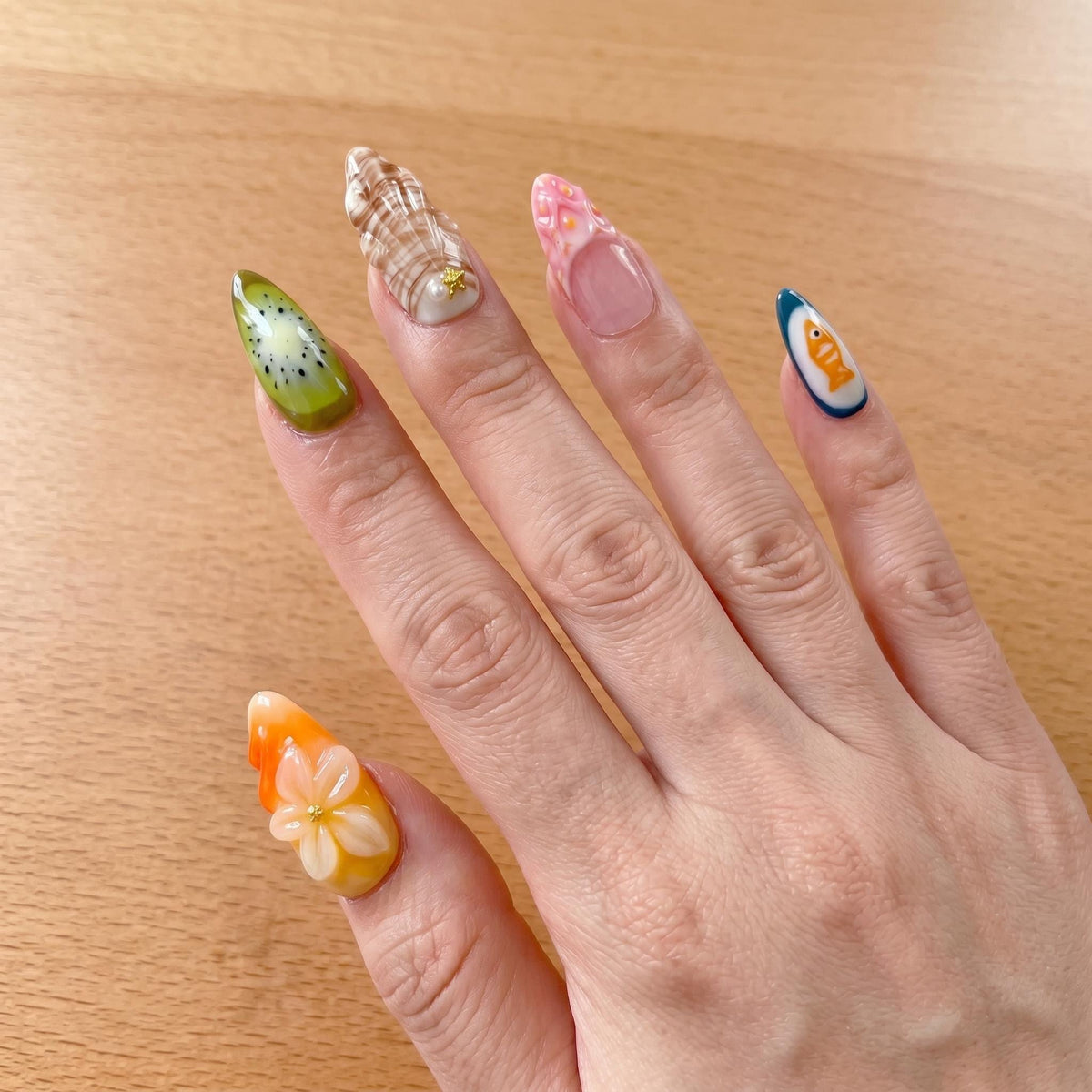 Cute Fruit and Animal Press-On Nails With 3D Monkey, Kiwi, Flowers and Plaid