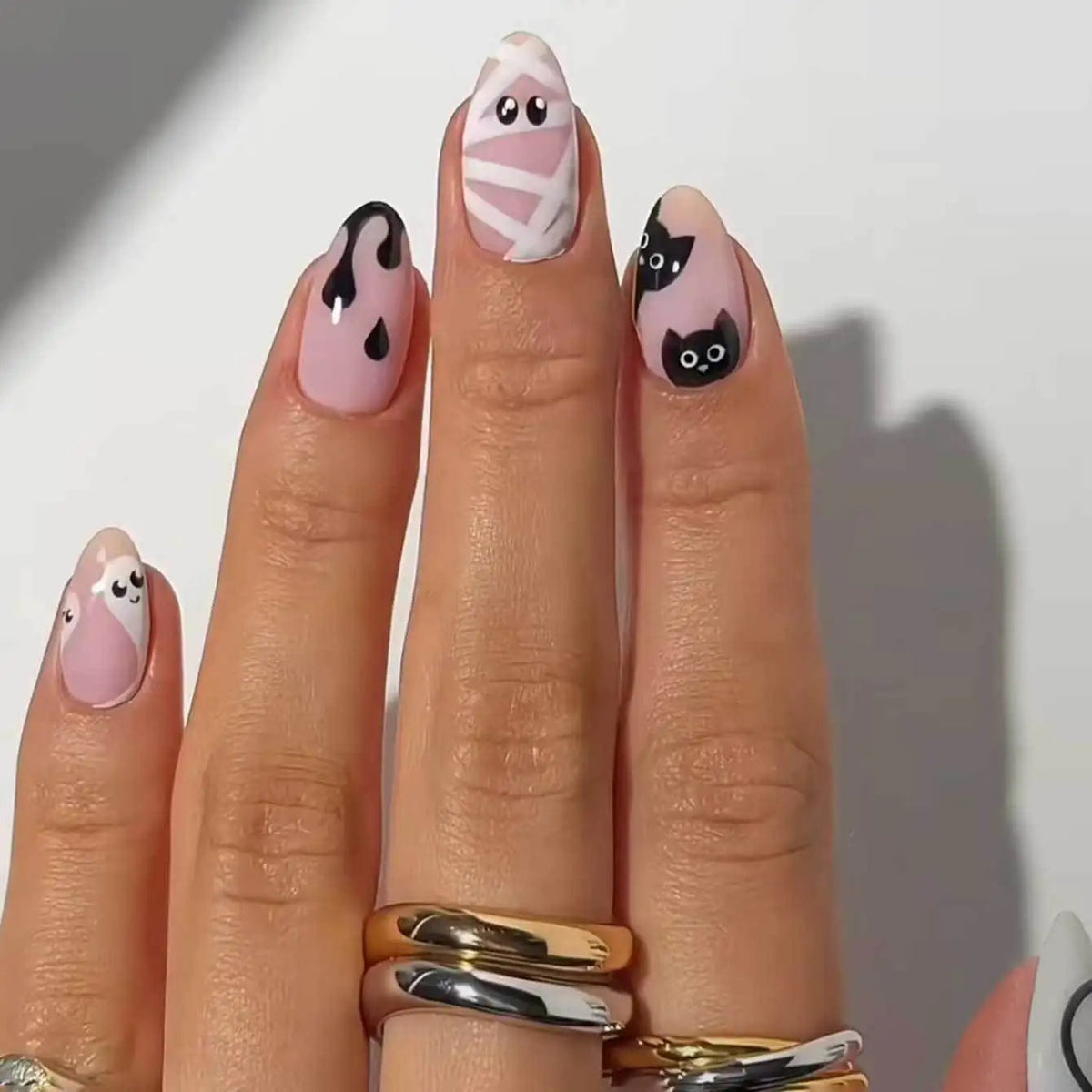 Cute Halloween Ghost and Mummy Nails in Pale Pink Nude