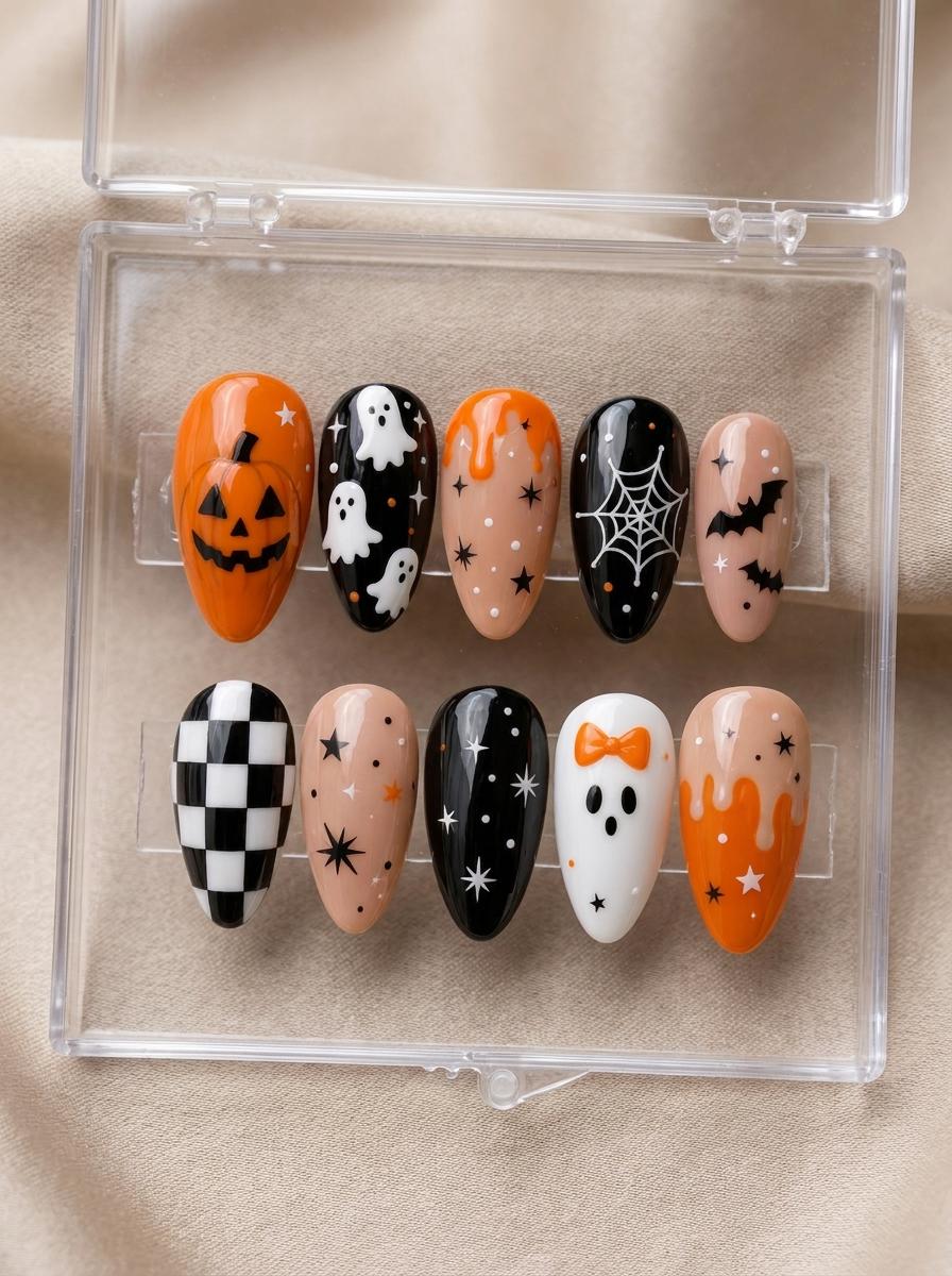 Cute Halloween Press On Nails With Ghosts, Pumpkins, Bats, and Checkerboard